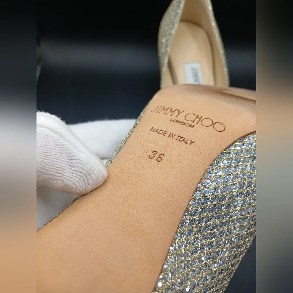 🪩 Jimmy Choo Gold Glitter Peep Toe Heels | Size 36 (US 6) | Made in Italy - Picture 12 of 13